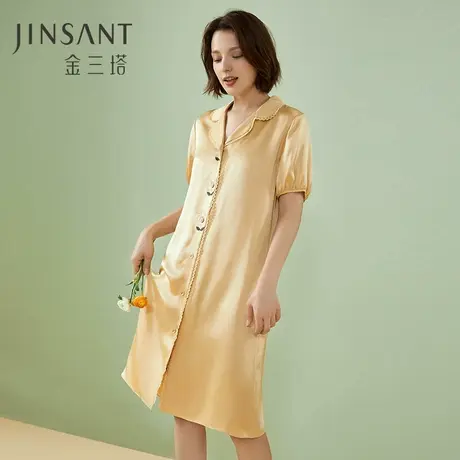 金三塔100%桑蚕丝女绣花可外穿短袖真丝睡裙春夏新品睡衣家居服商品大图