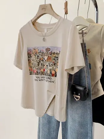 高级感大码短袖夏胖mm显瘦不规则开叉T恤女潮ins休闲减龄纯棉上衣图片