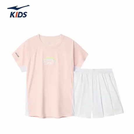 鸿星尔克童装女童短袖短裤套装2025夏季女学生两件套透气运动套装图片