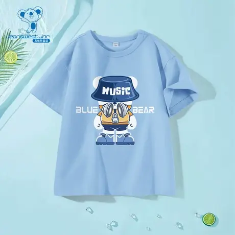 JU真维斯男女同款童装2025夏季新款音乐小熊印花百搭圆领短袖T恤商品大图