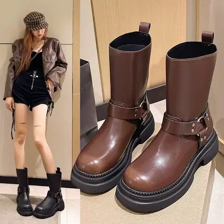 烟筒靴马丁靴女2023秋冬新款厚底粗跟圆头切尔西短靴网红瘦瘦靴图片