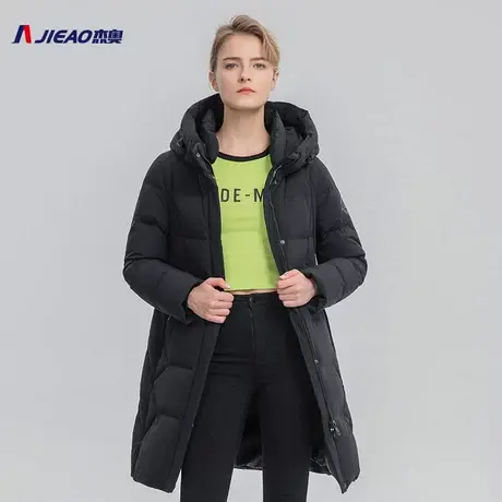 杰奥撞色双领中长款羽绒服鹅绒纯色冬季连帽时尚羽绒外套商品大图