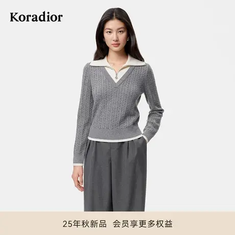 珂莱蒂尔2025秋新翻领拼色假两件套头休闲绵羊毛针织衫女图片