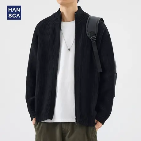 hansca日系立领开衫毛衣男2024年冬季新款休闲痞帅纯色针织衫外套商品大图