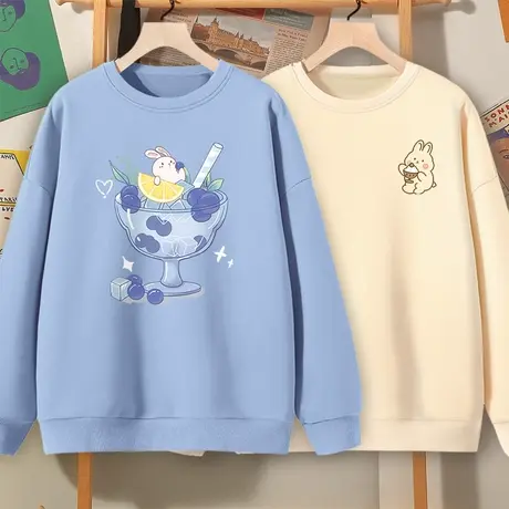 慵懒风蓝色卫衣女春秋季2023新款秋装宽松百搭设计感学生圆领上衣图片