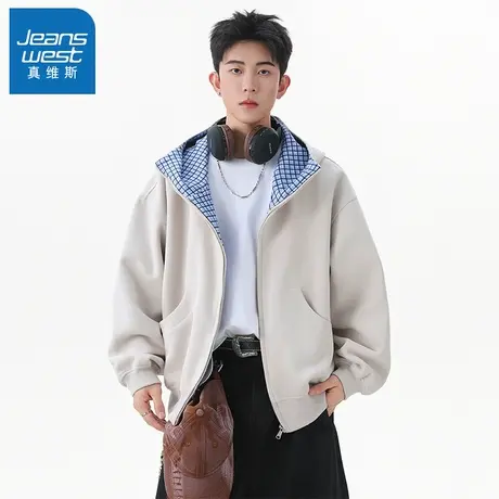 N5真维斯男士开衫卫衣2025新款秋季美式宽松重磅男生春秋连帽外套商品大图