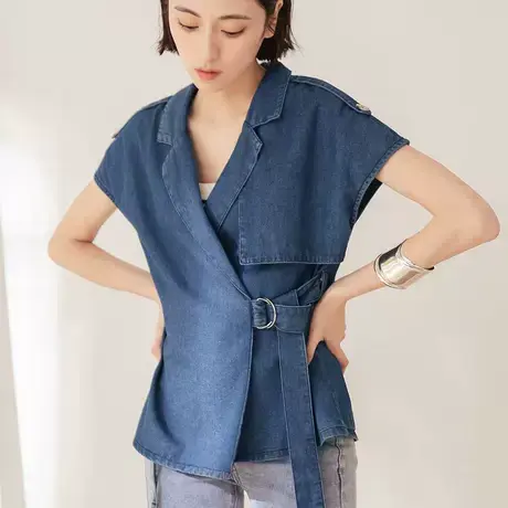 桔熊夏季小众设计感牛仔小衫不对称收腰绑带落肩外套女大码EA3346图片