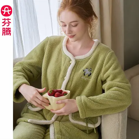 芬腾圆领珊瑚绒睡衣女秋冬加绒加厚卡通斑马外穿家居服套装2025年商品大图