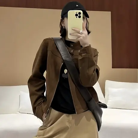 复古麂皮绒短款外套女2025秋季新款时尚气质百搭小个子夹克上衣潮商品大图