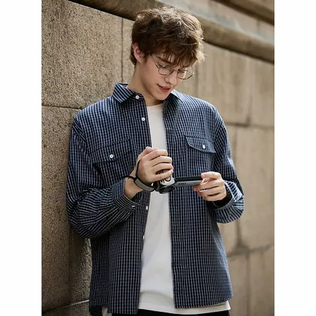 唐狮新款春秋长袖衬衫男翻领双口袋小格子时尚早秋OOTD穿搭TMTA商品大图
