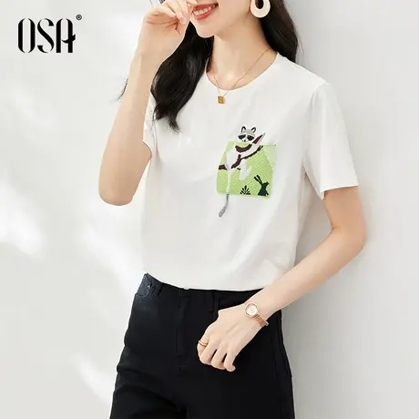 OSA欧莎小浣熊印花短袖T恤女士夏季2023年新款宽松显瘦体恤棉上衣图片