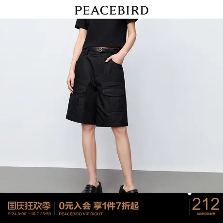 太平鸟高腰工装阔腿短裤女2023年夏季新款宽松显瘦黑色直筒短裤女商品大图