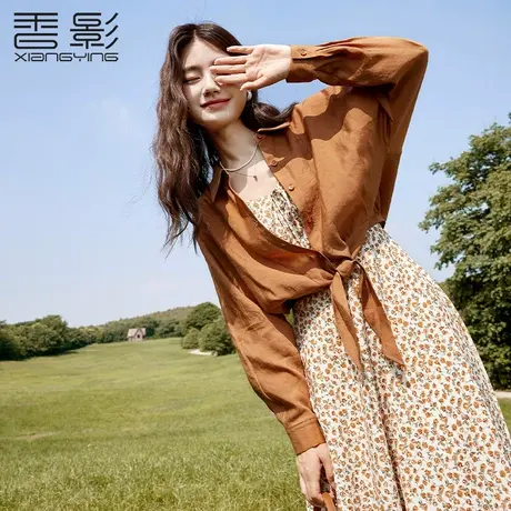 香影长袖衬衫外套女2023秋季新款慵懒风休闲宽松系带法式外搭衬衣图片