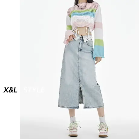 设计感翻边牛仔半身裙女春秋季高腰显瘦显高a字开叉中长包臀裙子图片