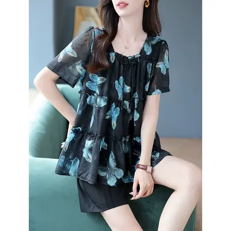 宝诗黎方领印花雪纺衫2023夏季新款短袖宽松上衣减龄套头女士衬衣商品大图