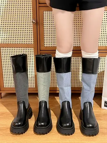 不过膝长筒马丁靴女款2023新款复古高筒厚底百搭显瘦拼接牛仔靴子图片