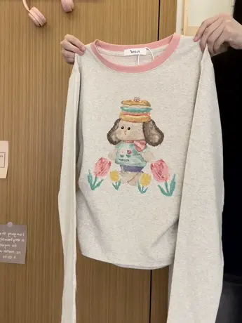 红续卡通汉堡狗狗拼色长袖T恤女日系小个子显瘦内搭上衣秋冬新款商品大图