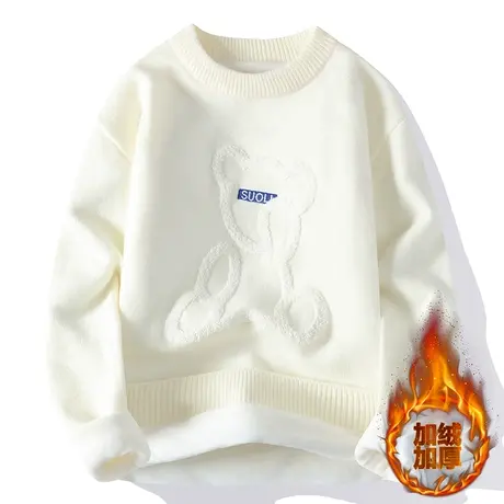 圆领毛衣男秋冬季加绒加厚绵羊绒内搭青少年慵懒风潮流打底针织衫商品大图