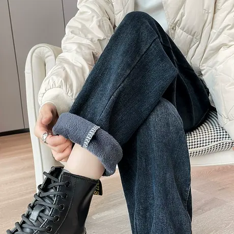 蓝色加绒加厚牛仔裤女冬季2023新款高腰宽松萝卜哈伦裤显瘦老爹裤商品大图