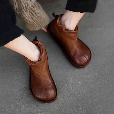 Artmu阿木原创复古厚底短靴女踝靴头层牛皮大头靴子百搭马丁靴图片