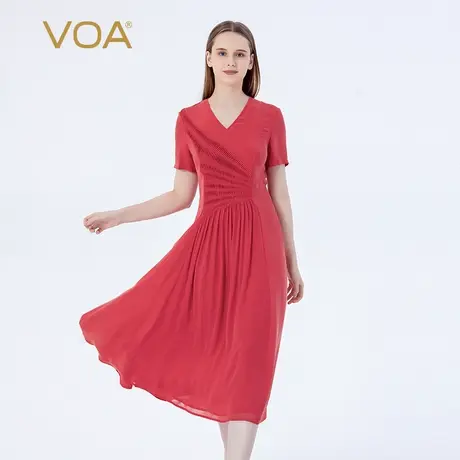 VOA40姆米重磅真丝红鸡心领不对称塔克褶设计砂洗工艺气质连衣裙图片