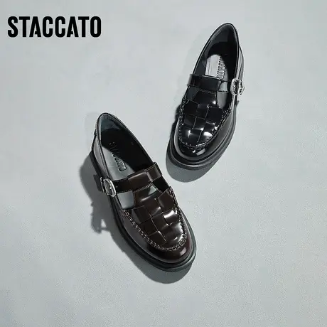 思加图新款复古猪笼鞋罗马编织小皮鞋女平底低跟单鞋9UL97AA3商品大图