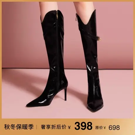 熙漫2023秋冬新款漆皮性感粗跟长靴金属舒适小个子高跟尖头长靴女图片