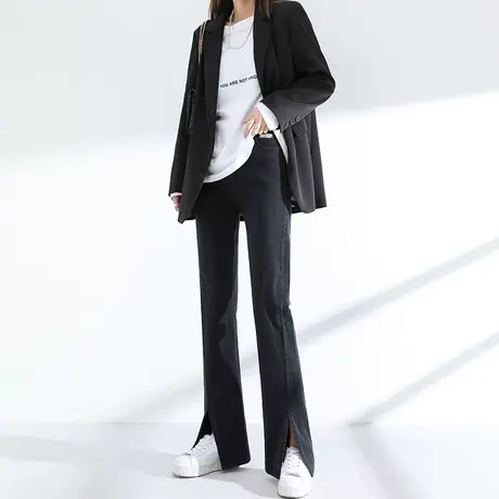 开叉黑色牛仔裤女直筒宽松春秋季高腰显瘦小个子分叉微喇叭裤子潮商品大图