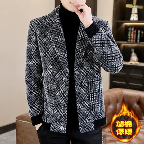 冬季呢子大衣男士短款加厚休闲西装领夹克金貂绒加棉加厚高档外套商品大图