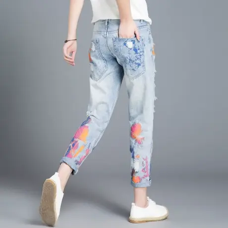印花裤子破洞牛仔裤女2024年新款春秋潮流萝卜九分裤老爹裤哈伦裤商品大图