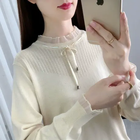 蕾丝拼接半高领打底衫女2025秋冬新款洋气内搭针织衫长袖系带毛衣商品大图