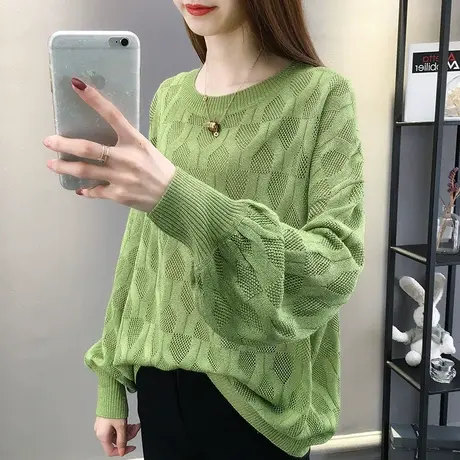 宽松薄款镂空针织衫秋装女2023年新款纯色灯笼长袖圆领透气上衣商品大图