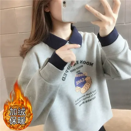 加绒加厚polo领卫衣女2023新款秋冬爆款减龄韩版宽松设计感上衣女图片
