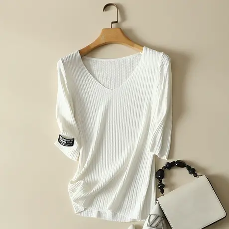 春装2024年新款冰丝针织打底衫女薄款内搭五分袖上衣宽松短袖t恤商品大图