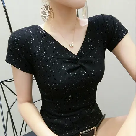 2024新款潮时尚V领交叉短袖T恤女夏气质cec上衣紧身显瘦丅恤女装商品大图