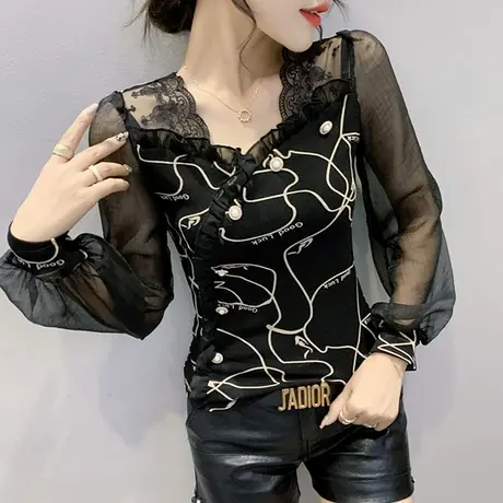 女装2024新款潮性感V领T恤蕾丝拼接上衣紧身百搭打底衫女长袖春秋商品大图