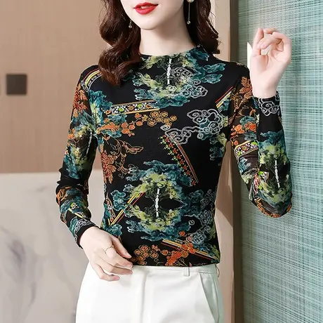 加绒打底衫女春秋2024新款气质网纱半高领T恤长袖复古印花上衣ins商品大图