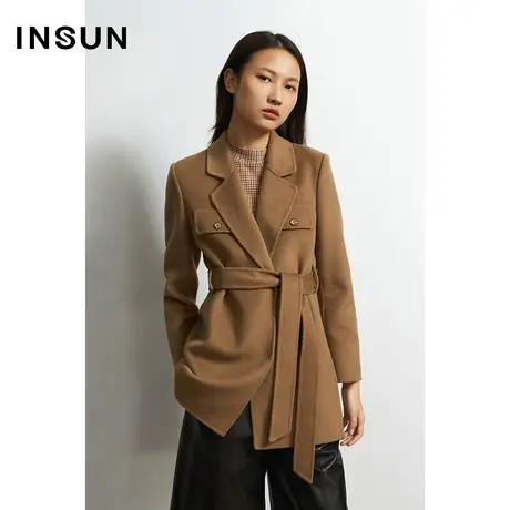 INSUN恩裳秋季收腰绑带驼色毛呢外套图片
