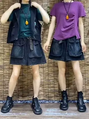 松紧腰牛仔短裤女夏季新款韩版休闲时尚百搭宽松大口袋阔腿裤裙女图片