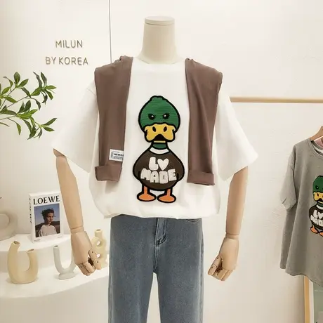 2022早春新款韩国东大门卡通鸭水洗棉加厚半袖T恤打底衫欧货大码图片