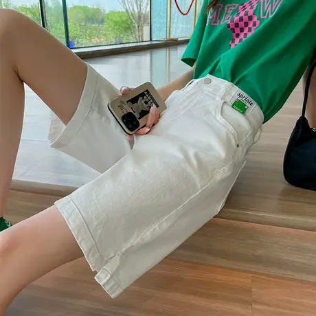 白色牛仔短裤女夏季薄款高腰显瘦宽松直筒中裤阔腿5五分裤潮ins商品大图