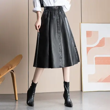 松紧腰PU皮裙子a字裙女春季2023新款高腰半身裙中长显瘦休闲伞裙图片