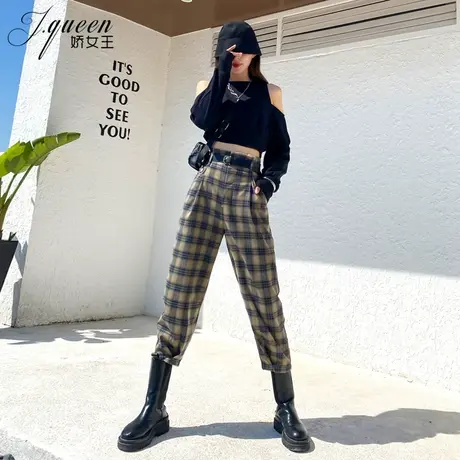 哈伦裤女高腰秋季复古时髦百搭休闲裤宽松显瘦格子九分小脚萝卜裤商品大图