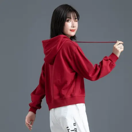 红色短款卫衣女小个子带帽连帽外套上衣2024年新款爆款休闲春秋季商品大图