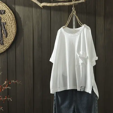 枫谜2020年夏装新款文艺韩版毛边圆领纯棉短袖T恤女宽松休闲上衣图片