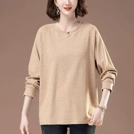 春秋条纹长袖T恤女打底衫宽松加大码女装中老年妈妈遮肚显瘦上衣商品大图
