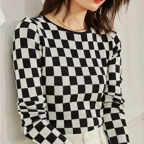 棋盘格秋冬毛衣女2023年春秋新款洋气秋冬内搭针织打底衫保暖上衣商品大图