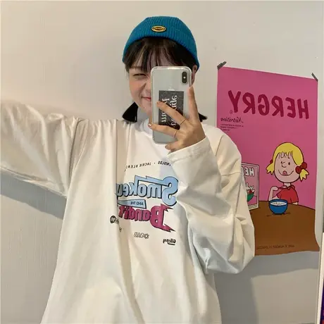 2023新款韩版原创设计春装薄款宽松纯棉长袖卫衣女上衣ulzzang商品大图