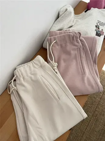 淡粉色 高腰阔腿休闲裤女2023冬新款抽绳慵懒抓绒保暖百搭长裤子商品大图