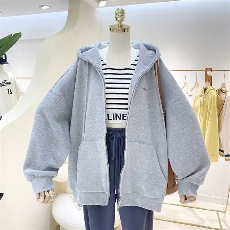 韩版百搭简约字母宽松大码慵懒风显瘦休闲纯色连帽卫衣女开衫外套商品大图